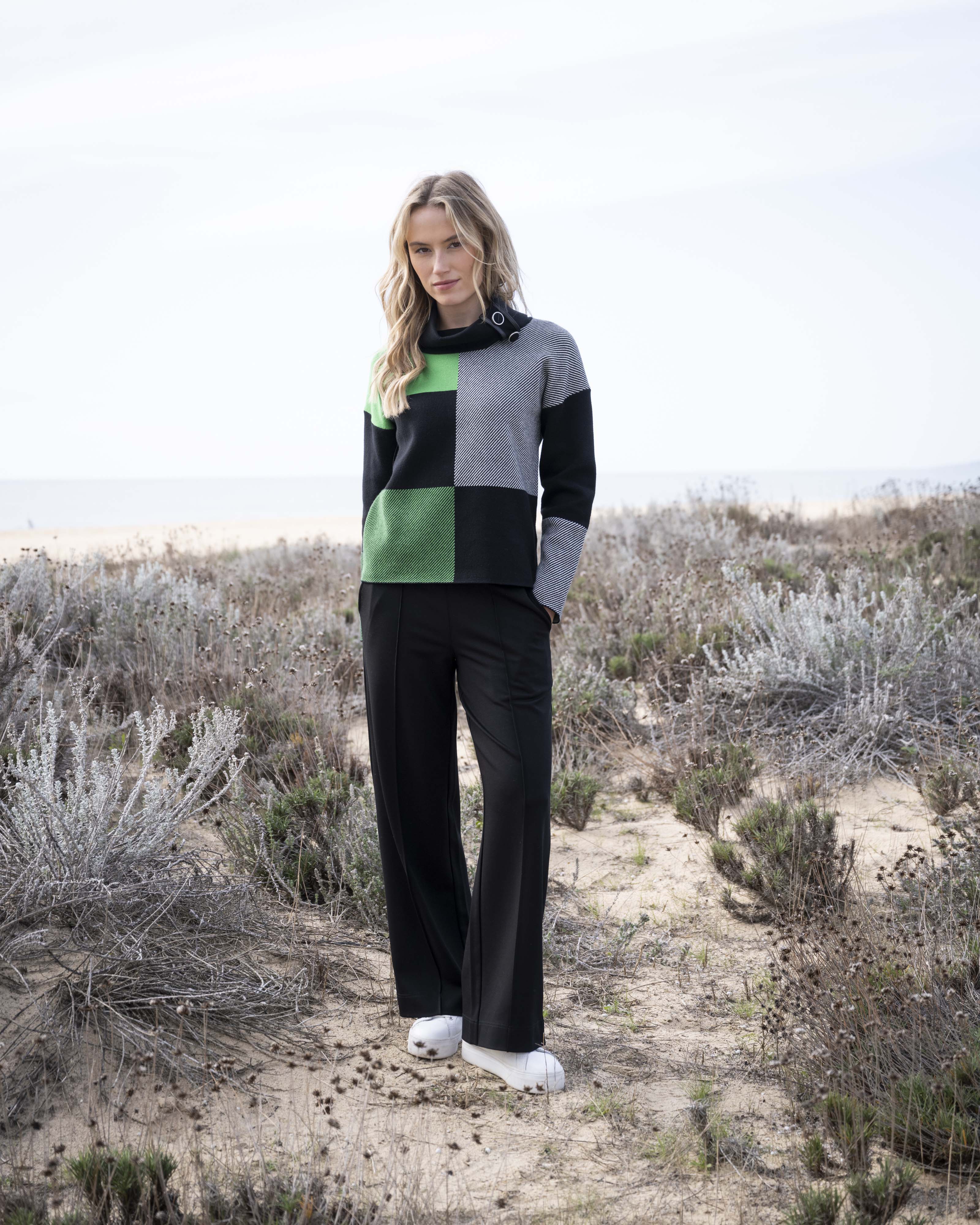 Checkered Cowl Neck Sweater