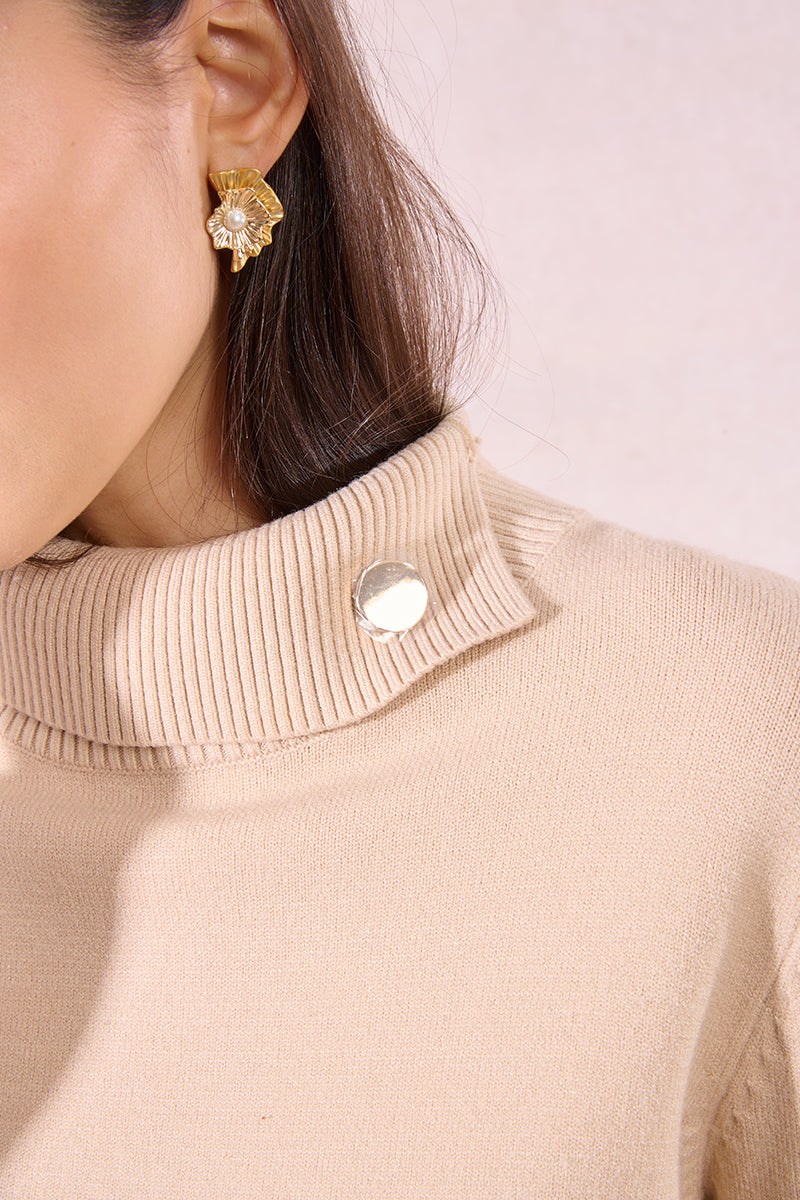 Golden Button Knitted Sweater – Beige Turtleneck by Molly Bracken