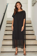 Silk Boatneck Sheer Layered Trim Dress