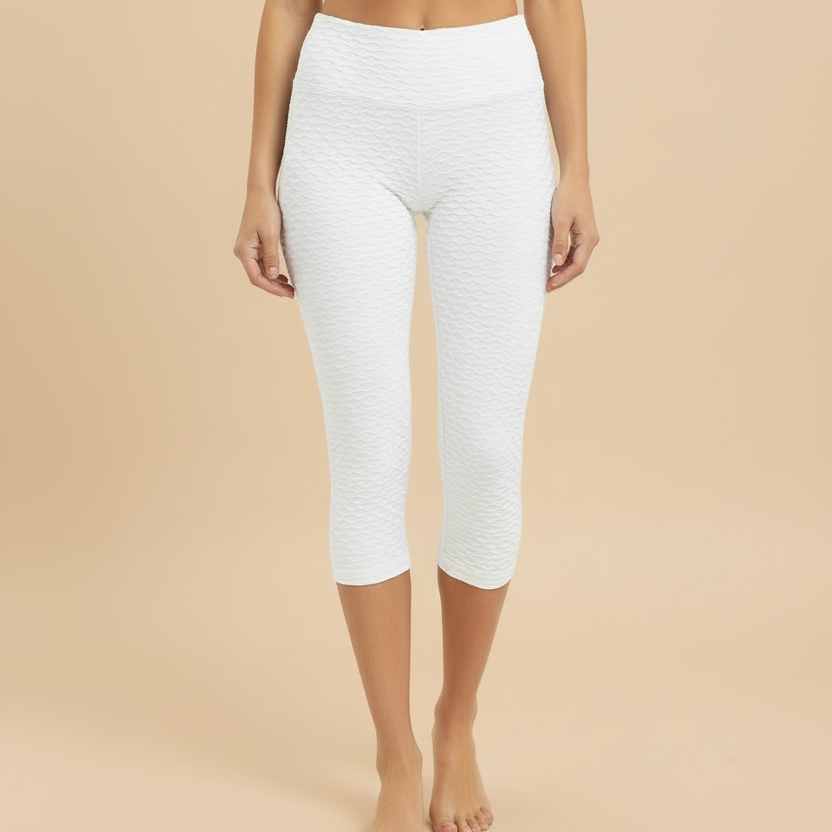 Diamond Jacquard Lycra Textured Capri Legging - White